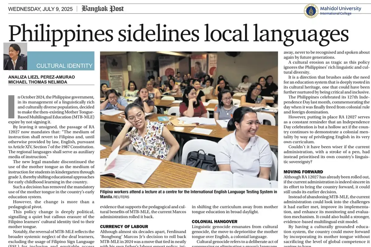 Bangkok Post Publishes MUIC Ajarn’s Article on Mother Tongue-based Education￼