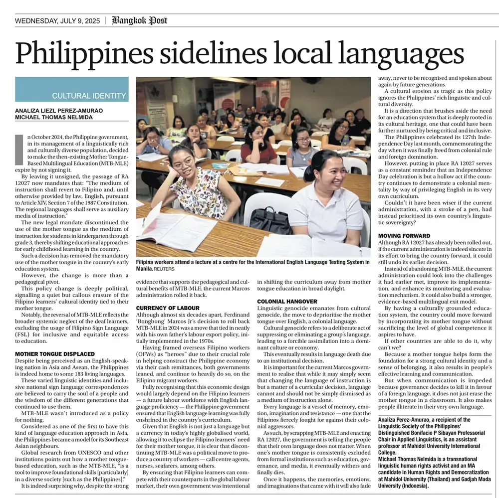 Bangkok Post Publishes MUIC Ajarn’s Article on Mother Tongue-based Education