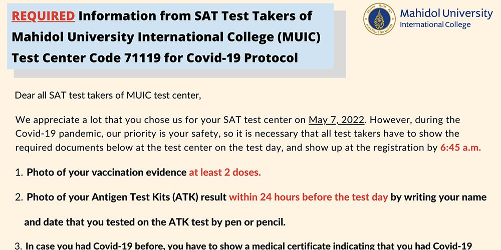 MUIC SAT Test Center’s Covid-19 Prevention Protocol on May 7, 2022